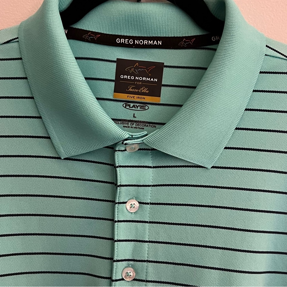 Greg Norman for Tasso Elba Five Iron Stripped Teal Golf Polo Size L - Picture 3 of 6